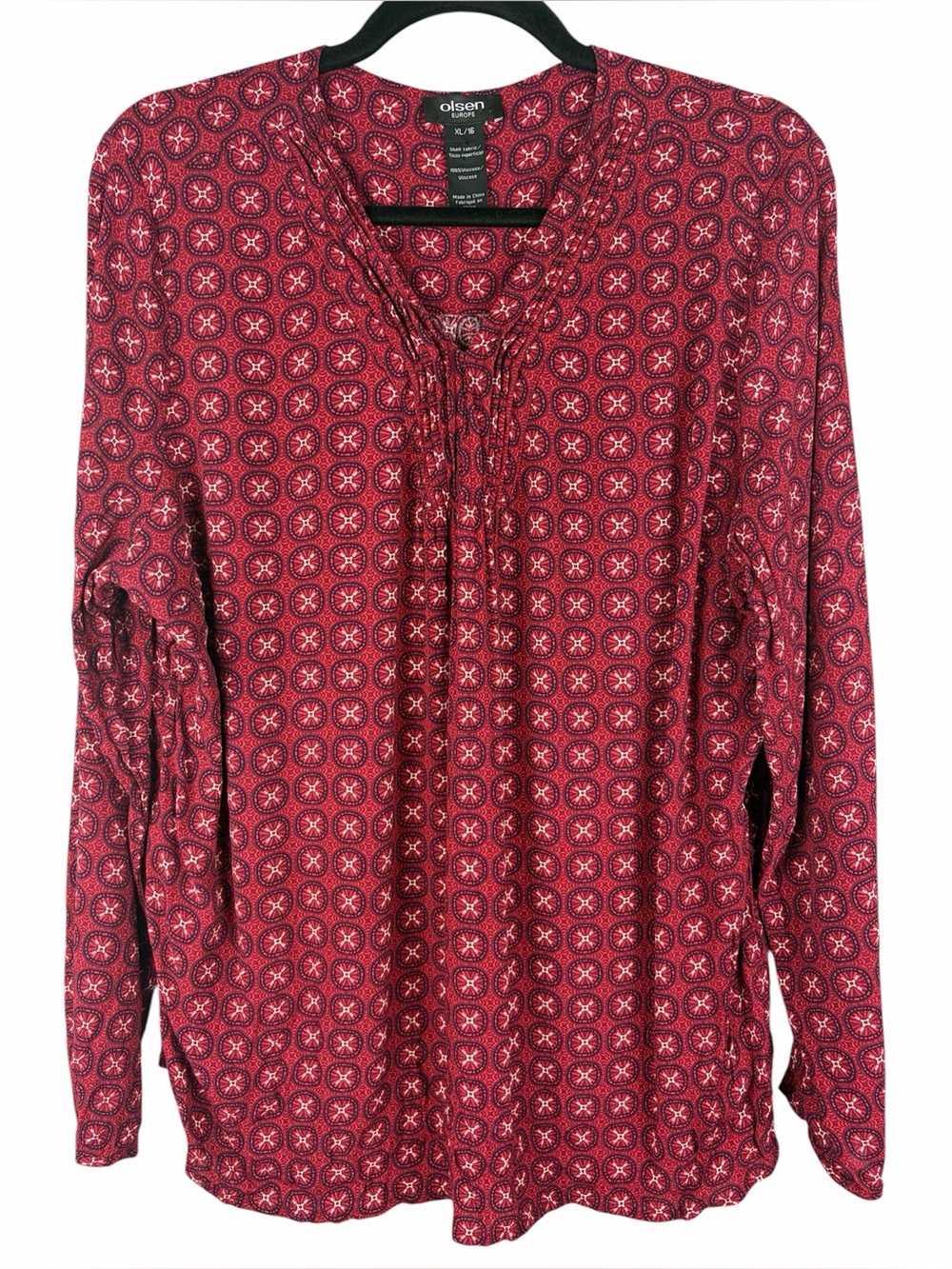 Olsen Europe XL 16 Red Geometric Print Ruffle Blouse 100% Viscose